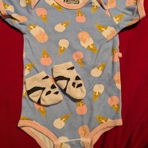Blue Ice Cream Print Baby Onesie with Socks